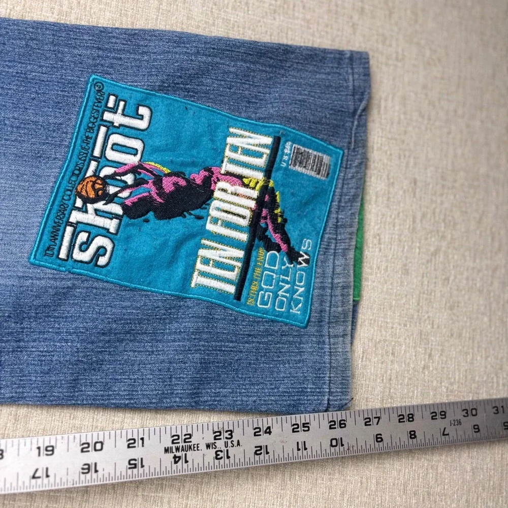 Le More Womens 34x 26 Y2K Basketball Patch Flare Jeans Blue Denim Size 13